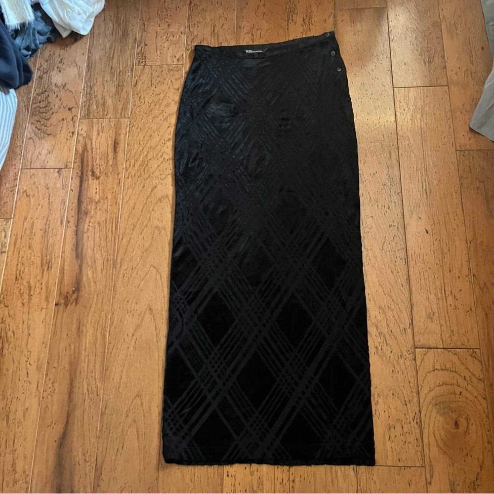 Vintage Guess black velvet plaid maxi skirt
